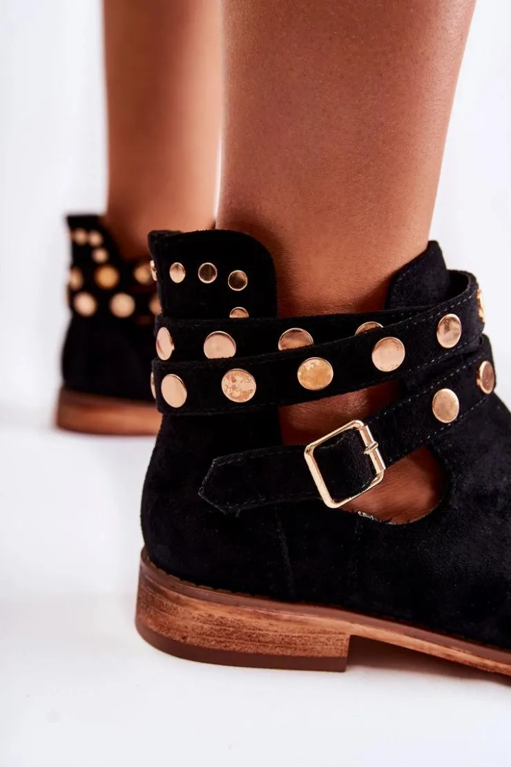 Boto Botki Wiosenne|Czarne Botki*Damskie Botki Z Dżetami Na Płaskim Obcasie Czarne Larino