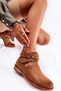 Damskie Boto Damskie Botki Z Dżetami Na Płaskim Obcasie Brązowe Larino