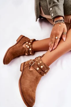 Damskie Boto Damskie Botki Z Dżetami Na Płaskim Obcasie Brązowe Larino