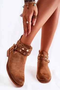 Damskie Boto Damskie Botki Z Dżetami Na Płaskim Obcasie Brązowe Larino