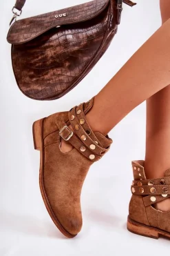 Damskie Boto Damskie Botki Z Dżetami Na Płaskim Obcasie Brązowe Larino