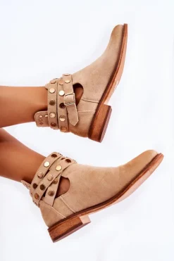 Discount Boto Damskie Botki Z Dżetami Na Płaskim Obcasie Beżowe Larino