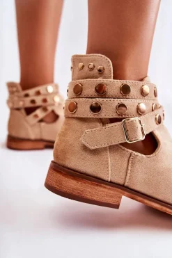 Discount Boto Damskie Botki Z Dżetami Na Płaskim Obcasie Beżowe Larino