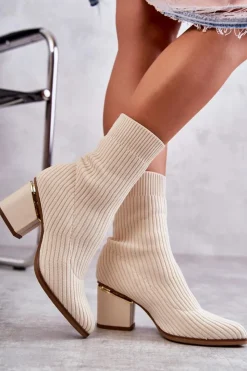 Boto Botki Wiosenne|Botki Na Słupku*Damskie Botki Z Elastyczną Skarpetą Beżowe Carmon