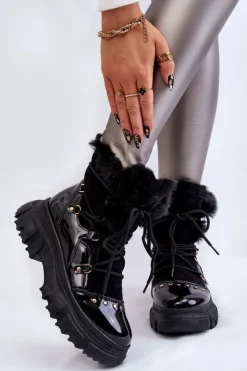 Damskie Boto Damskie Botki Z Futerkiem Sznurowane Czarne Merron