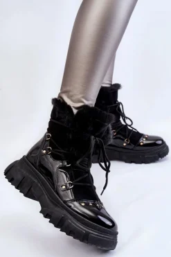 Damskie Boto Damskie Botki Z Futerkiem Sznurowane Czarne Merron