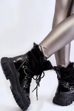 Damskie Boto Damskie Botki Z Futerkiem Sznurowane Czarne Merron