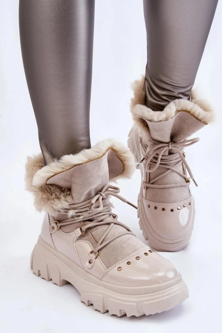 Sale Boto Damskie Botki Z Futerkiem Sznurowane Jasnobeżowe Merron