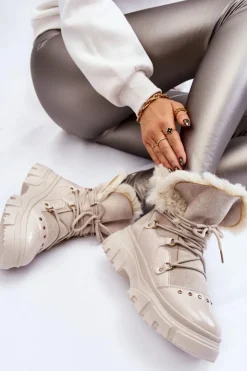 Sale Boto Damskie Botki Z Futerkiem Sznurowane Jasnobeżowe Merron