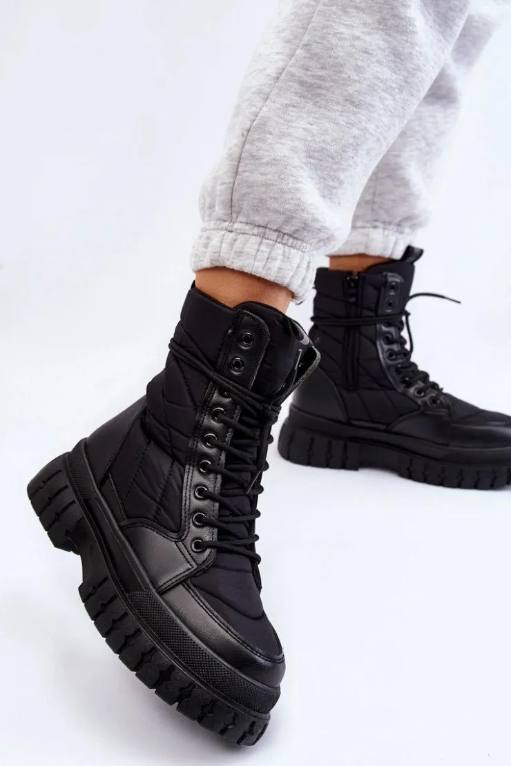 New Boto Damskie Botki Z Ociepleniem Sznurowane Czarne Ariadna