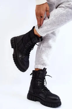 New Boto Damskie Botki Z Ociepleniem Sznurowane Czarne Ariadna