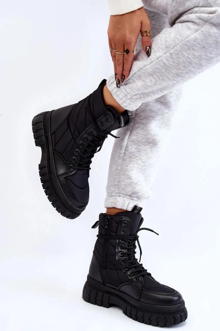 New Boto Damskie Botki Z Ociepleniem Sznurowane Czarne Ariadna