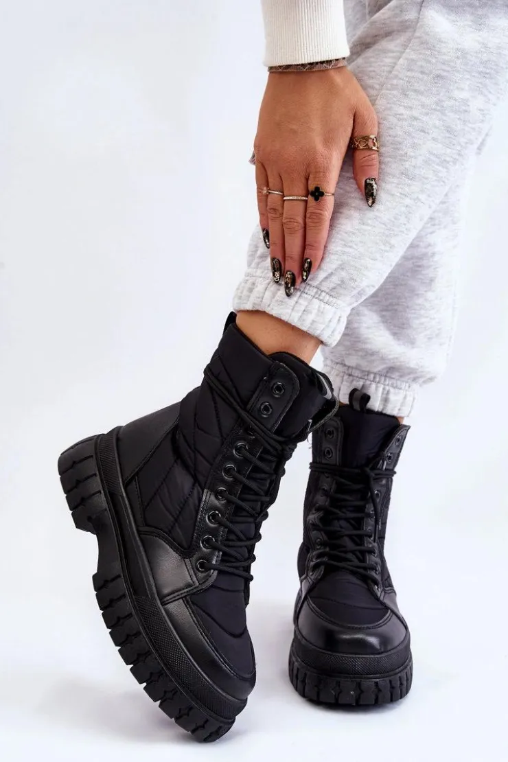 New Boto Damskie Botki Z Ociepleniem Sznurowane Czarne Ariadna