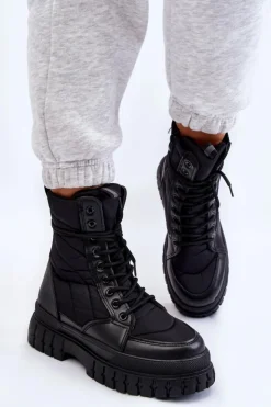 New Boto Damskie Botki Z Ociepleniem Sznurowane Czarne Ariadna