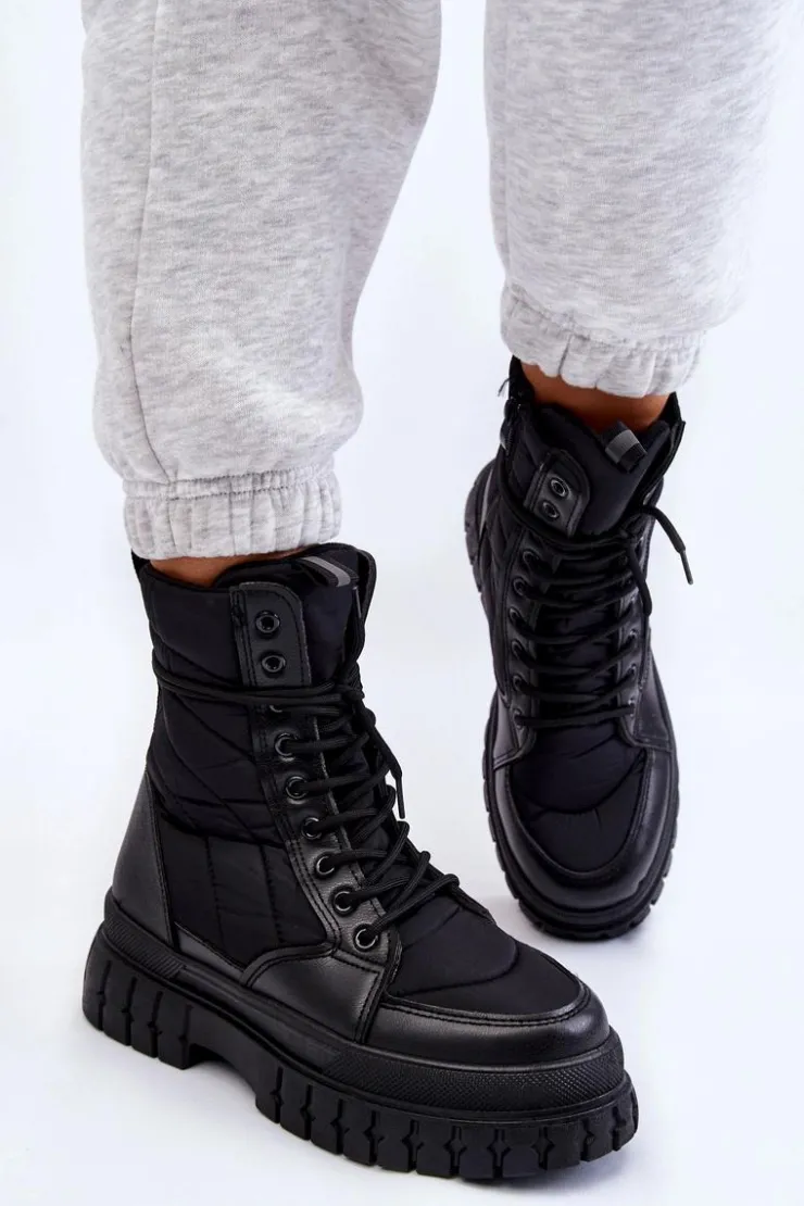 New Boto Damskie Botki Z Ociepleniem Sznurowane Czarne Ariadna