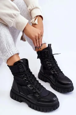 New Boto Damskie Botki Z Ociepleniem Sznurowane Czarne Ariadna