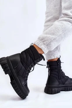 New Boto Damskie Botki Z Ociepleniem Sznurowane Czarne Ariadna
