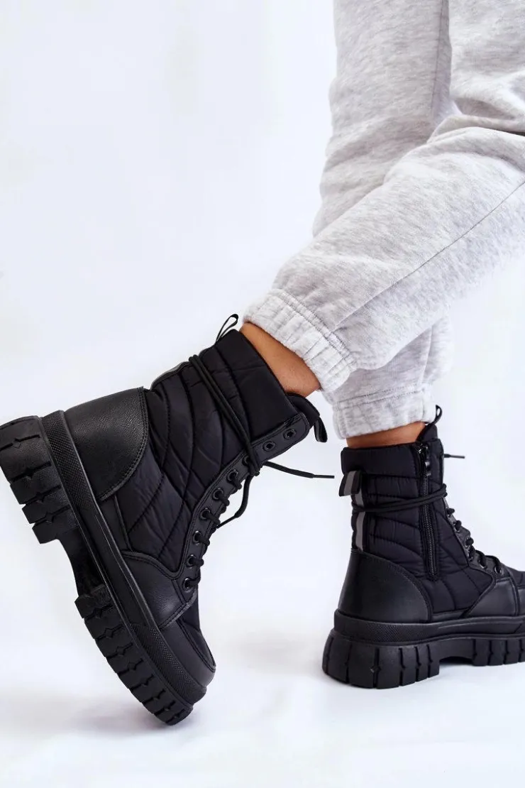 New Boto Damskie Botki Z Ociepleniem Sznurowane Czarne Ariadna