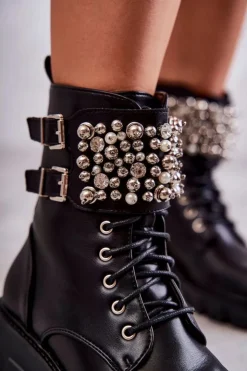 Damskie Boto Damskie Botki Z Ozdobami Wiązane Czarne Leonese