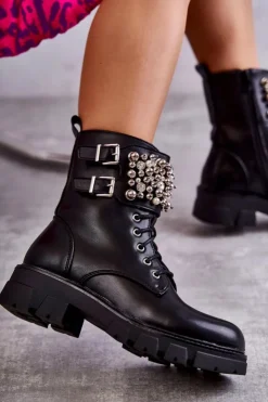 Damskie Boto Damskie Botki Z Ozdobami Wiązane Czarne Leonese