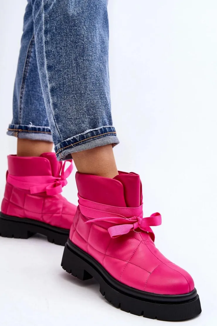 Damskie Boto Damskie Botki Z Pikowaniem I Wiązaniem Różowe Bizzanti