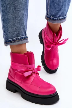 Damskie Boto Damskie Botki Z Pikowaniem I Wiązaniem Różowe Bizzanti