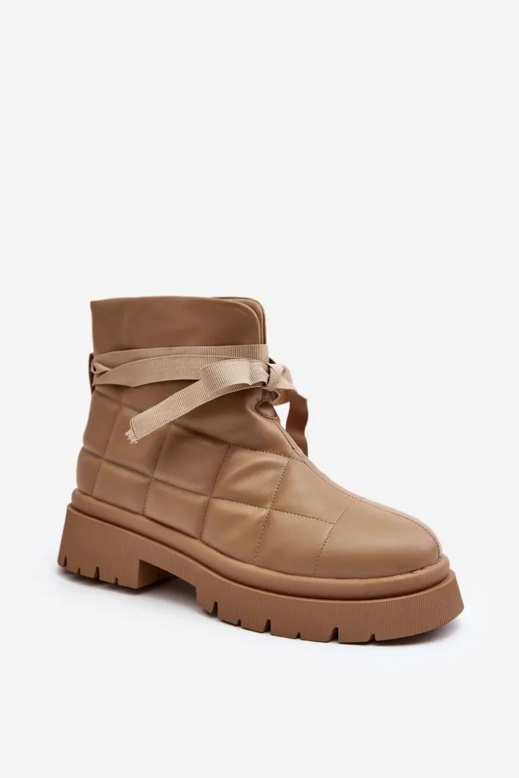 Boto Botki Ocieplane|Brązowe I Beżowe Botki*Damskie Botki Z Pikowaniem I Wiązaniem Khaki Bizzanti Beżowy