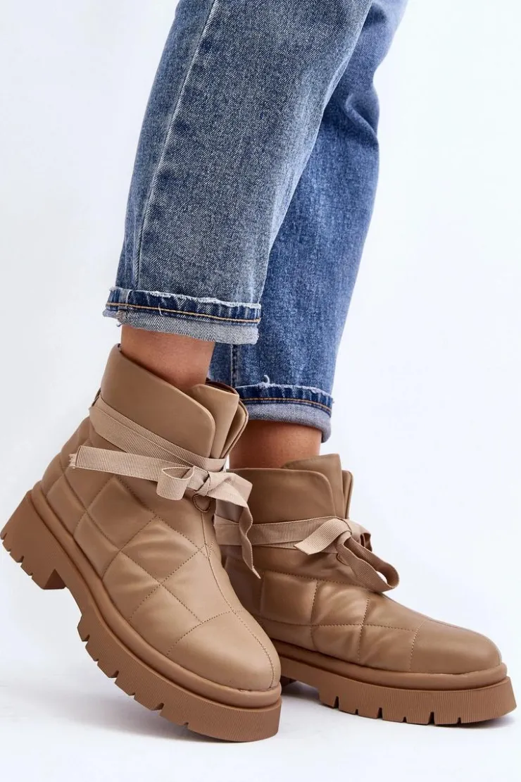 Boto Botki Ocieplane|Brązowe I Beżowe Botki*Damskie Botki Z Pikowaniem I Wiązaniem Khaki Bizzanti Beżowy