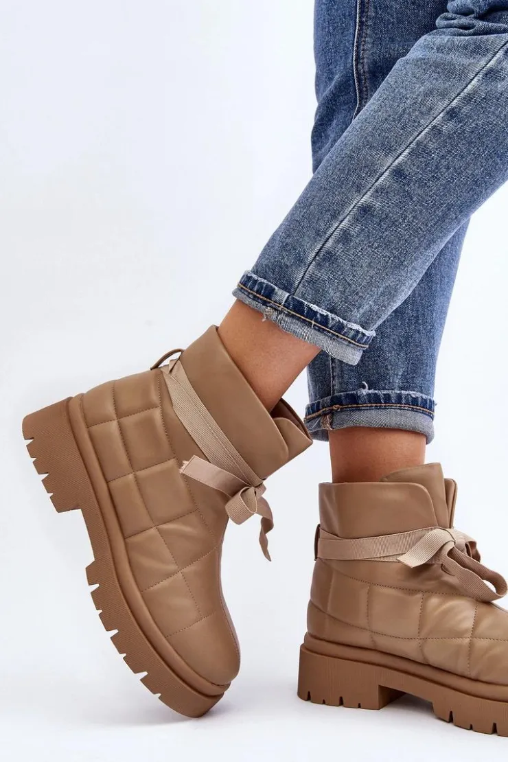 Boto Botki Ocieplane|Brązowe I Beżowe Botki*Damskie Botki Z Pikowaniem I Wiązaniem Khaki Bizzanti Beżowy