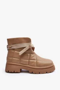 Boto Botki Ocieplane|Brązowe I Beżowe Botki*Damskie Botki Z Pikowaniem I Wiązaniem Khaki Bizzanti Beżowy