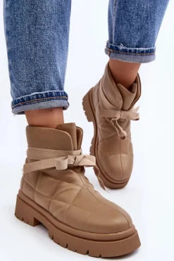Boto Botki Ocieplane|Brązowe I Beżowe Botki*Damskie Botki Z Pikowaniem I Wiązaniem Khaki Bizzanti Beżowy
