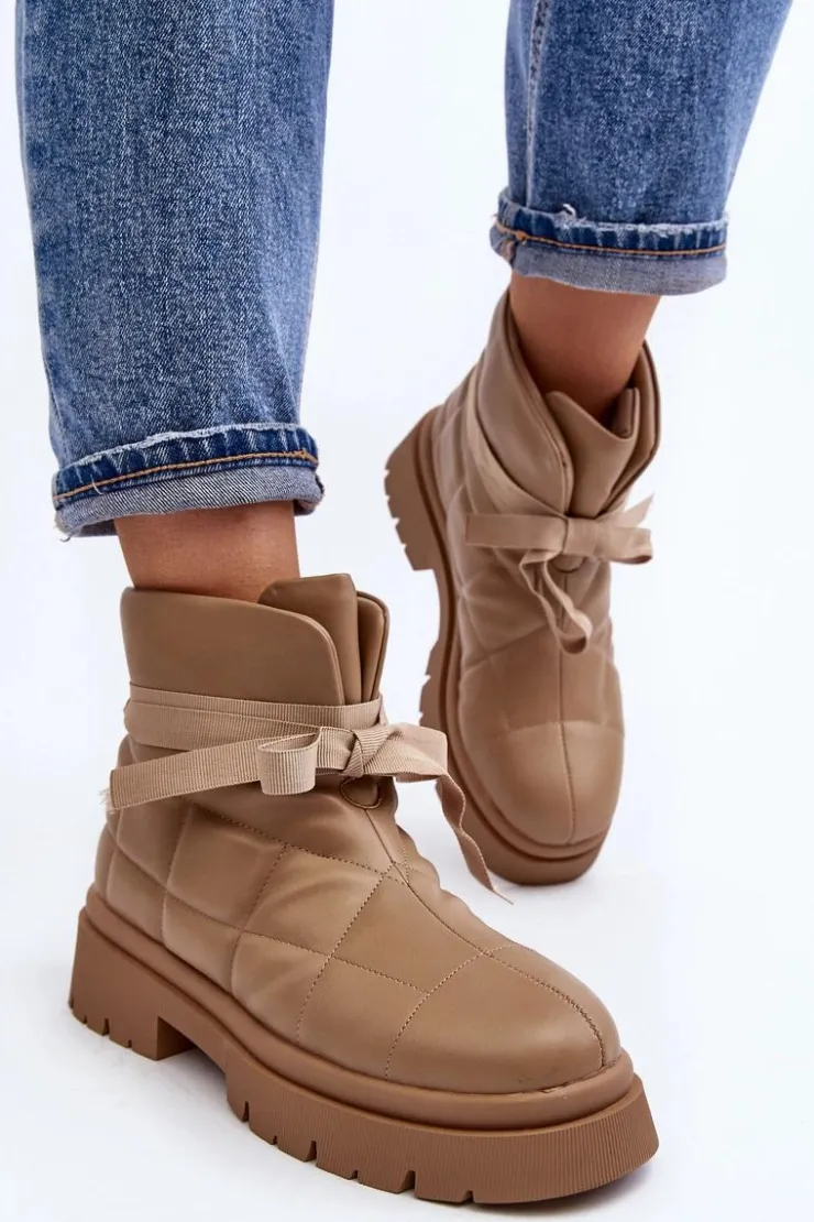 Boto Botki Ocieplane|Brązowe I Beżowe Botki*Damskie Botki Z Pikowaniem I Wiązaniem Khaki Bizzanti Beżowy