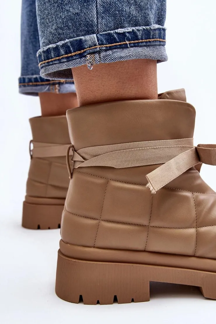 Boto Botki Ocieplane|Brązowe I Beżowe Botki*Damskie Botki Z Pikowaniem I Wiązaniem Khaki Bizzanti Beżowy