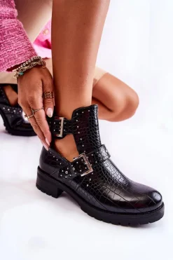 Boto Czarne Botki|Botki Płaskie*Damskie Botki Z Wycięciami Wężowe Czarne Santhana