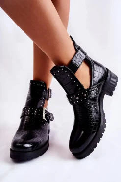 Boto Czarne Botki|Botki Płaskie*Damskie Botki Z Wycięciami Wężowe Czarne Santhana