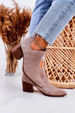 Outlet Boto Damskie Botki Z Wycięciem Na Słupku Zamszowe Cappuccino Lawrence