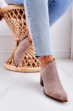 Outlet Boto Damskie Botki Z Wycięciem Na Słupku Zamszowe Cappuccino Lawrence