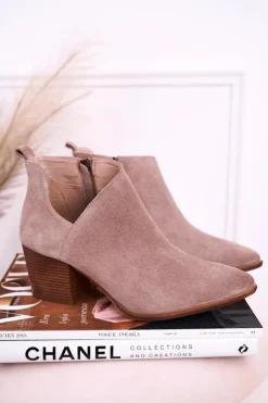 Outlet Boto Damskie Botki Z Wycięciem Na Słupku Zamszowe Cappuccino Lawrence