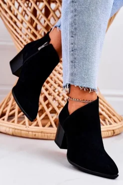 Boto Botki Wiosenne|Botki Na Słupku*Damskie Botki Z Wycięciem Na Słupku Zamszowe Czarne Lawrence