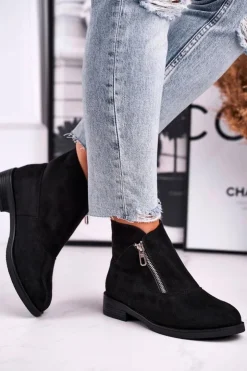 Boto Botki Zamszowe|Botki Płaskie*Damskie Botki Z Zamkiem Zamszowe Czarne Juno