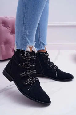 Boto Botki Zamszowe|Botki Płaskie*Damskie Botki Zamszowe Nity Klamry Czarne Berugio
