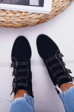 Boto Botki Zamszowe|Botki Płaskie*Damskie Botki Zamszowe Nity Klamry Czarne Berugio