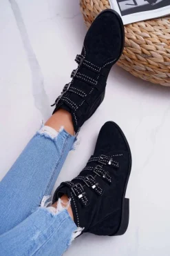 Boto Botki Zamszowe|Botki Płaskie*Damskie Botki Zamszowe Nity Klamry Czarne Berugio