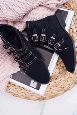 Boto Botki Zamszowe|Botki Płaskie*Damskie Botki Zamszowe Nity Klamry Czarne Berugio