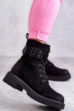 New Boto Damskie Botki Zamszowe Sznurowane Na Płaskim Obcasie Czarne Firmina