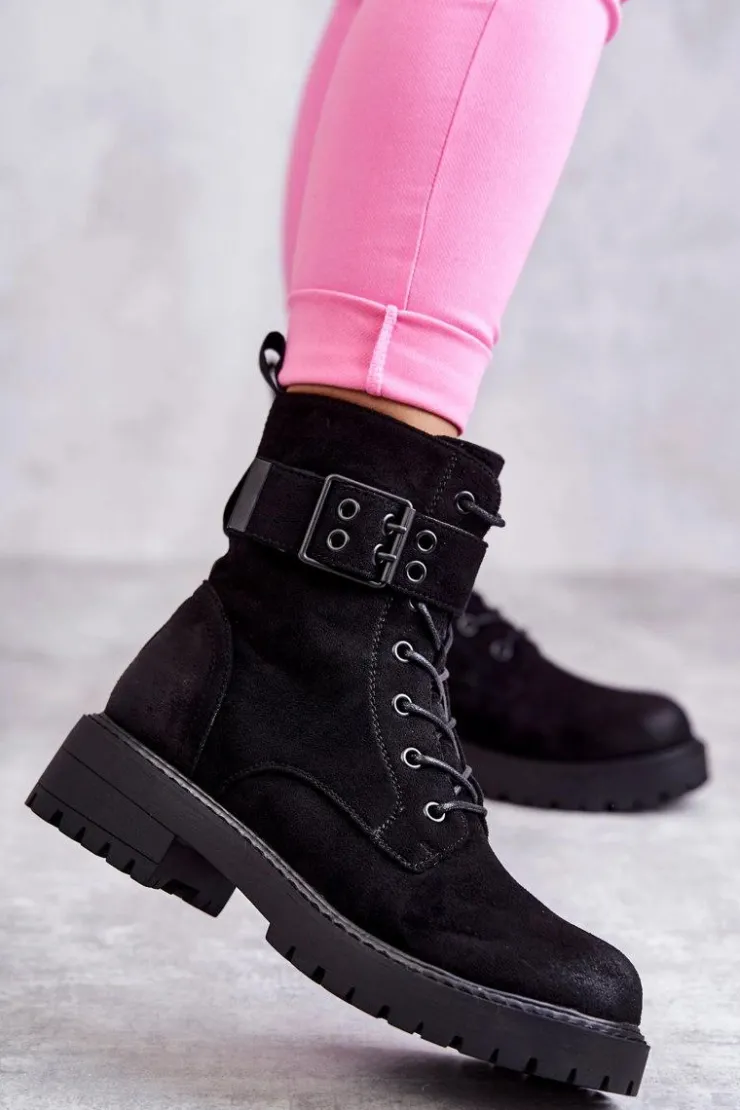 New Boto Damskie Botki Zamszowe Sznurowane Na Płaskim Obcasie Czarne Firmina