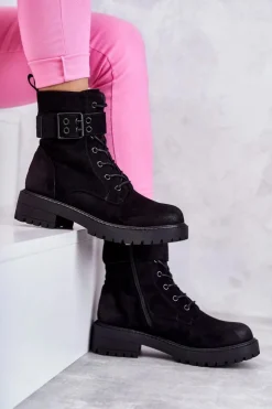 New Boto Damskie Botki Zamszowe Sznurowane Na Płaskim Obcasie Czarne Firmina