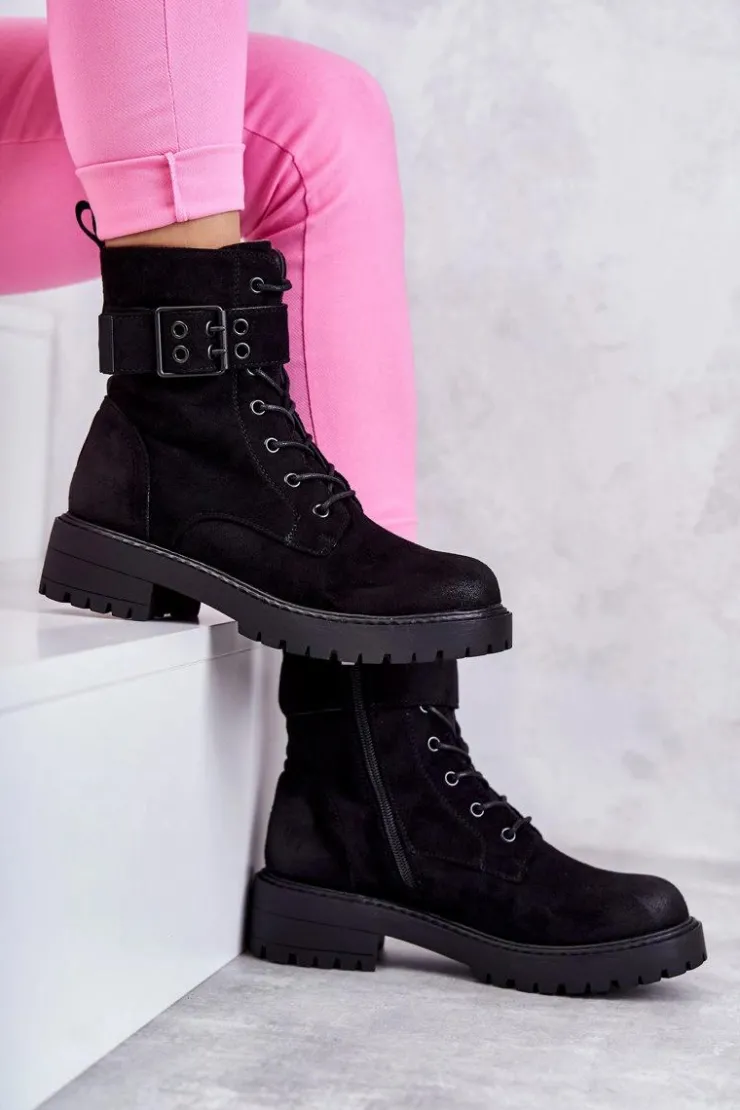 New Boto Damskie Botki Zamszowe Sznurowane Na Płaskim Obcasie Czarne Firmina