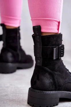 New Boto Damskie Botki Zamszowe Sznurowane Na Płaskim Obcasie Czarne Firmina