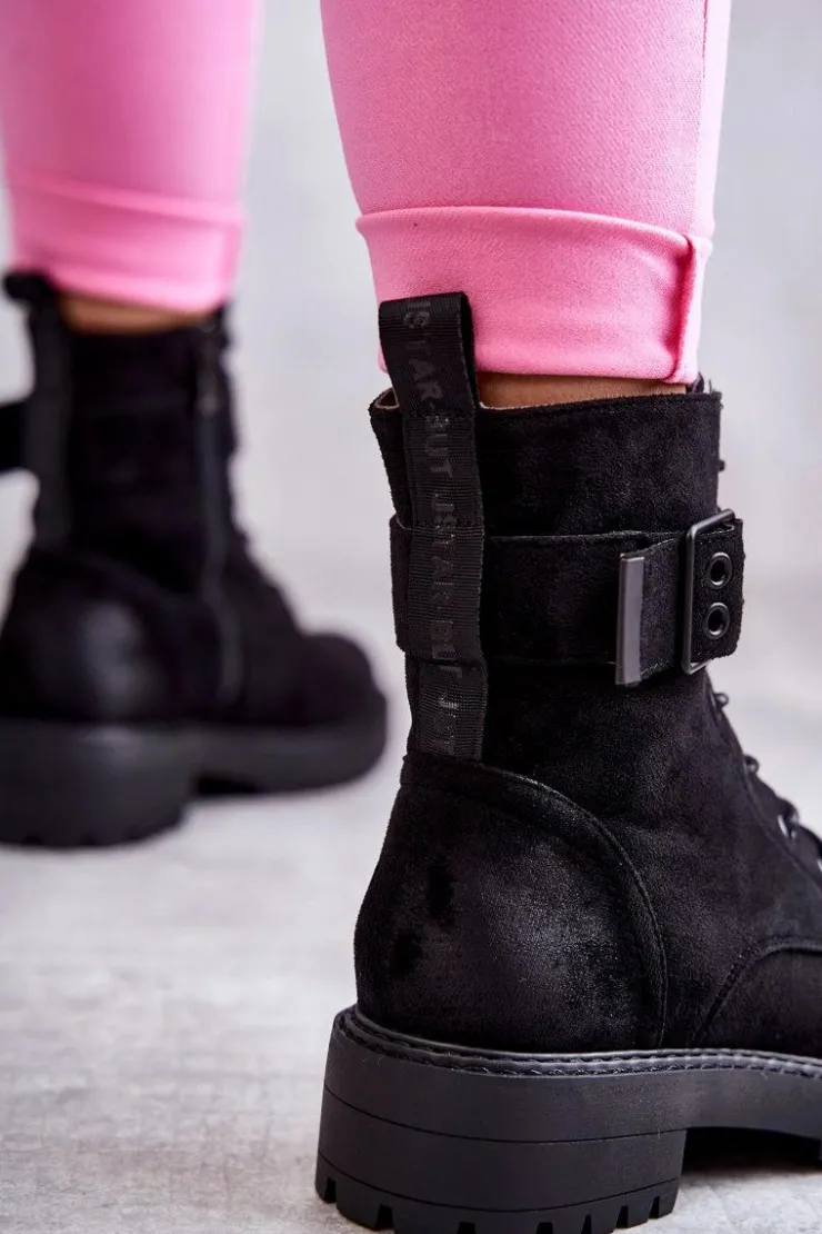 New Boto Damskie Botki Zamszowe Sznurowane Na Płaskim Obcasie Czarne Firmina